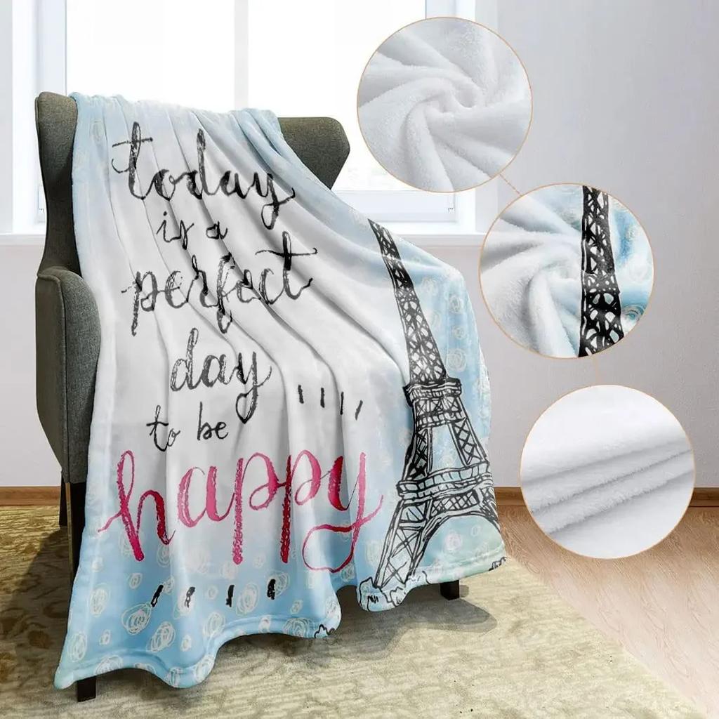 Eiffel Tower Flannel Throw Blanket Paris French Romantic Theme Blanket for Sofa Bed Car Travel Gift Lightweight Warm Super Soft