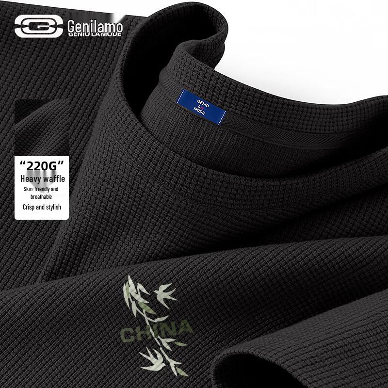 GENIOLAMODE Men s Waffle Knit Bamboo Leaf & Kanji T-Shirt L