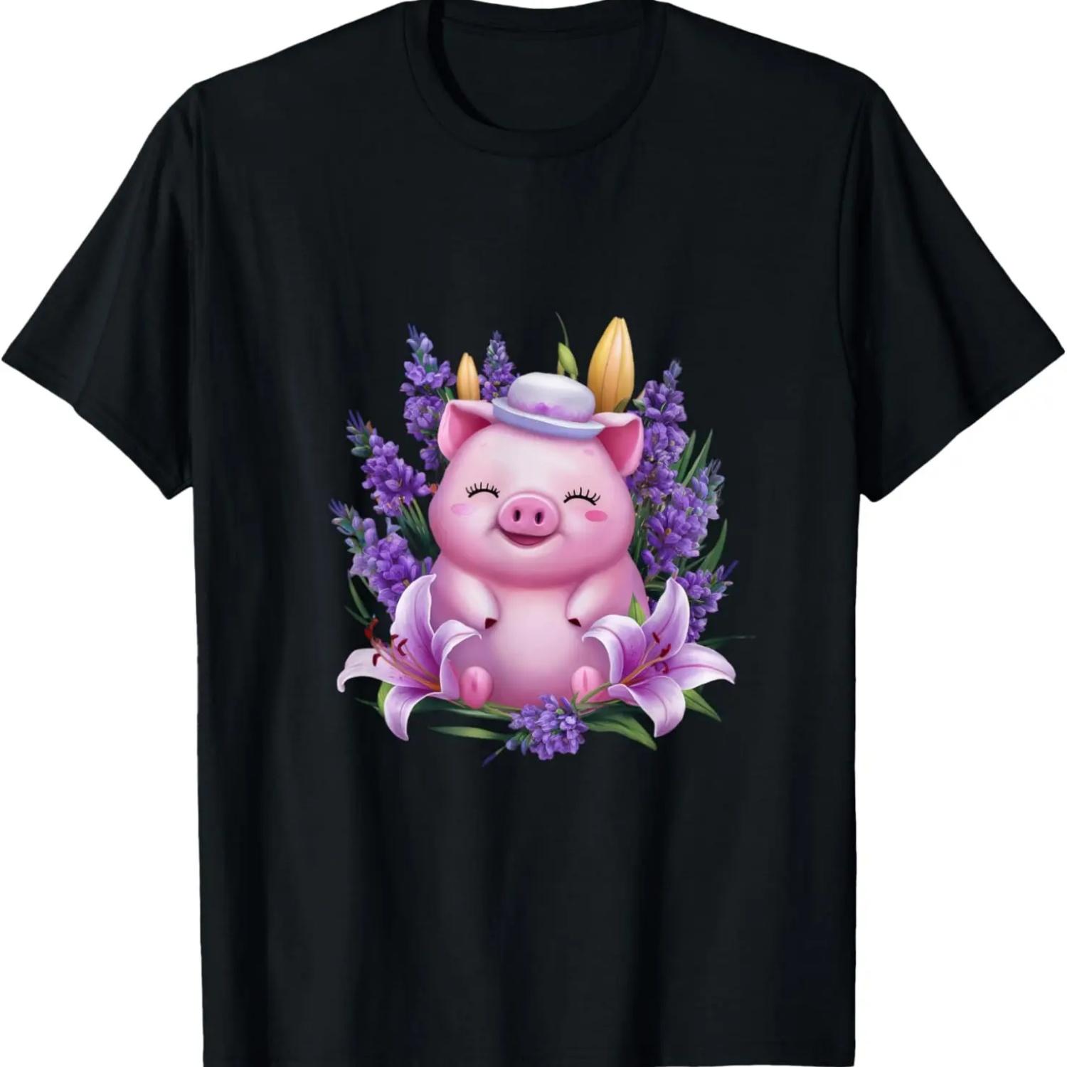 

Pig in kawaii cartoon style with lavender and lilies T-Shirt S чёрный