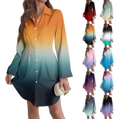 Women's Loose-fitting V-neck Long-sleeved Dress Print Work Shirt Dress