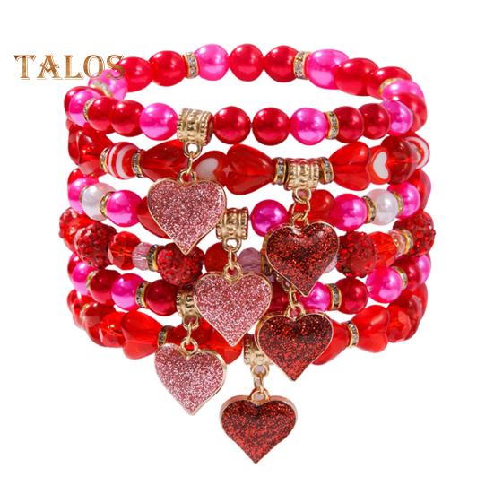 

6 шт. браслет комплект пайеток кулон в форме сердца красные бусины эластичный шнур наборные браслеты подарок на день святого валентина запястье ювелирные изделия красный