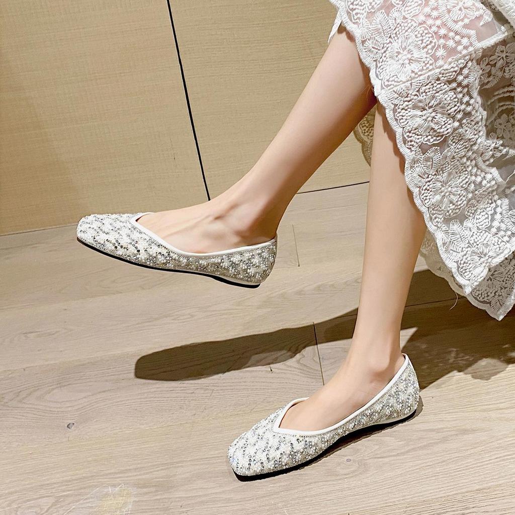 Weiwei Women's Rhinestone Pointed Toe Flats - Low Heel Slip-on Loafers with Soft Sole
