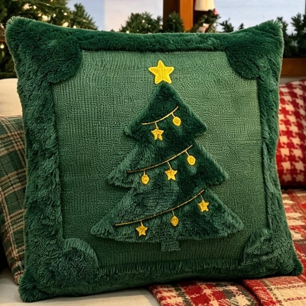 Holiday Pillowcase 3D Embroidered Christmas Pillow Cover Plush Knitted Xmas Tree Pillowslip Square Soft Santa Pillow Cover Couch