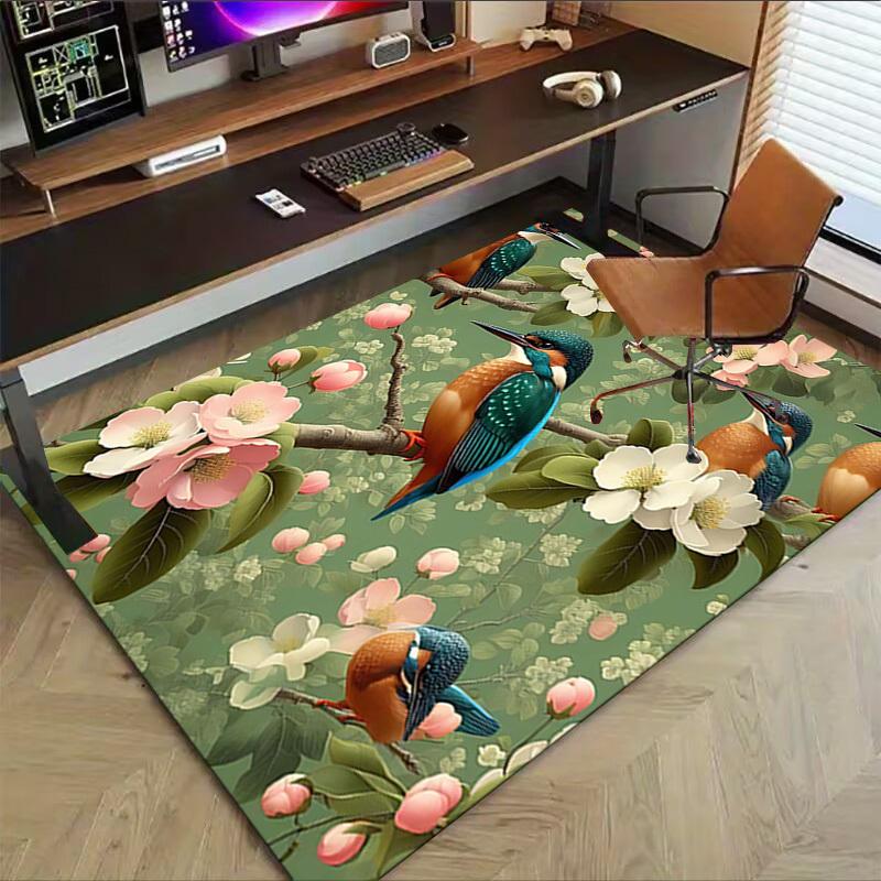 1PC Birds Flowers Non-Slip Floor Carpet Compatible for Office&Living Room&Dining room - Flat-Weave Machine- Soft & Pattern-E300