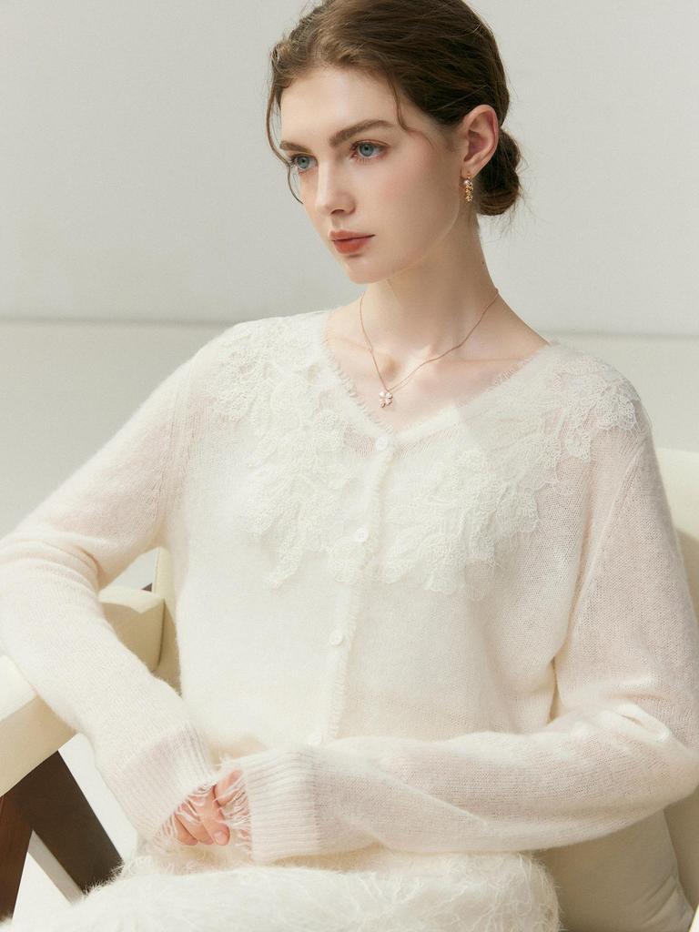 Elegant Women's French Lace Trimmed Cashmere Cardigan with Tassels – Age-Reducing Patchwork Design