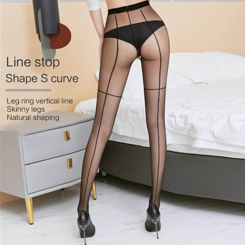Womens Sexy Crosses Striped Patterned Tights Faux Thigh-Ring Front Back Seam Jacquard See Through Pantyhose Stockings