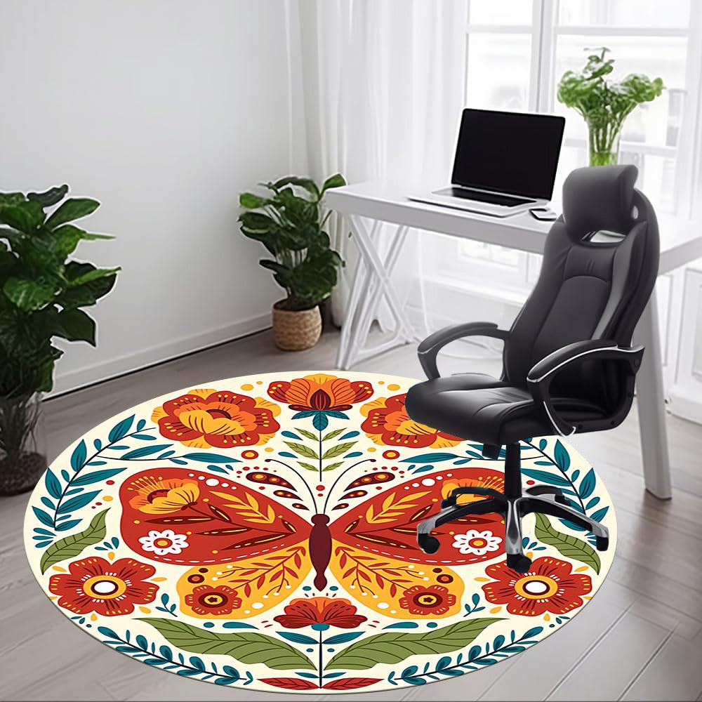 1pc Butterfly Flowers Office Round Area Rug, Indoor Mat Suitable For Office, Under Office Chairs Bedroom Living Room Home Decor, Room Deco