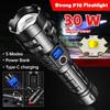 Powerful LED Flashlight Type-C Rechargeable with Battery Torch Zoomable Suitable for Outdoor Camping Lantern with Safety Hammer