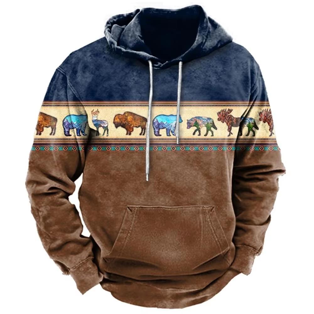 Fall Men's Sweatshirt Casual Long Sleeve Hooded Pullover Elk Print Top Fashion Oversized Animal Men's Hoodie Streetwear