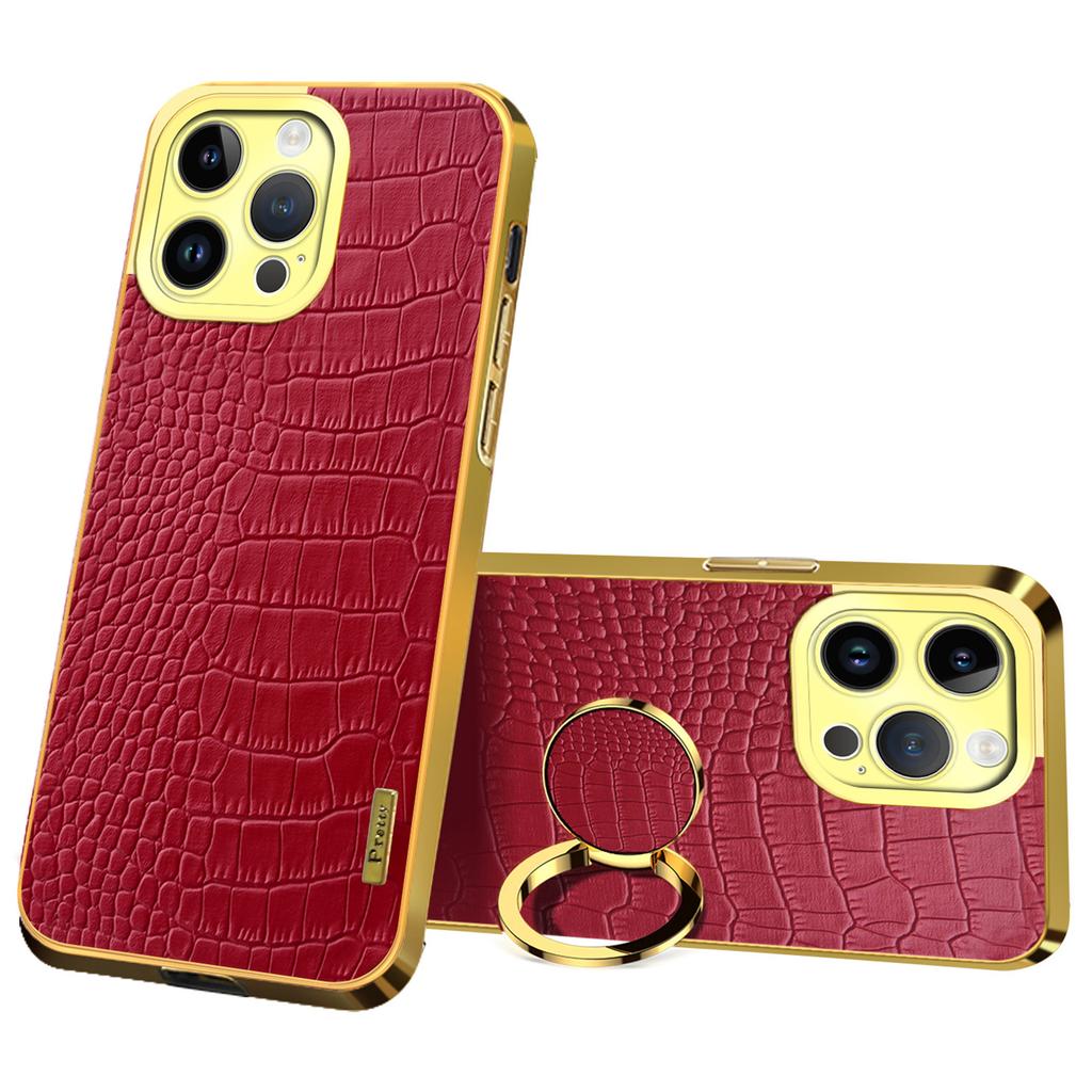 For iPhone 16 Pro Case Crocodile Texture Ring Kickstand TPU+Leather Electroplating Phone Cover
