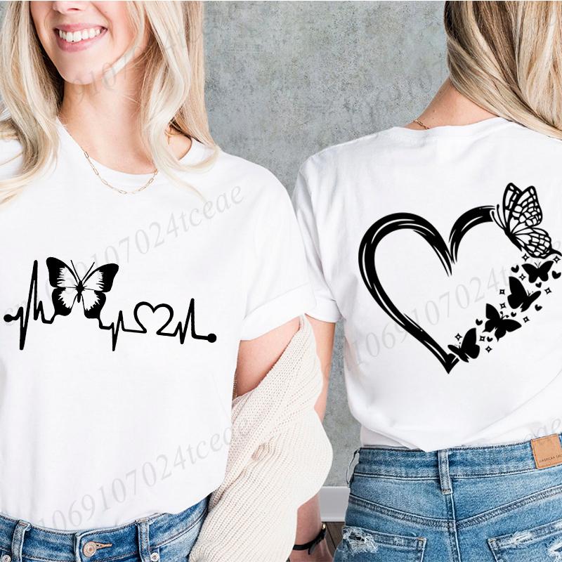 

Футболки с бабочками и сердечками для женщин, смешные розовые и белые футболки, хип-хоп уличная одежда, креативные топы, женские футболки с коротким рукавом S