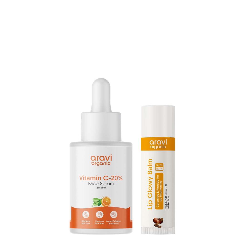 Aravi Organic Vitamin C Face Serum + Non-Tinted Lip Balm - Brightening Skincare & Nourishing Lip Care Duo