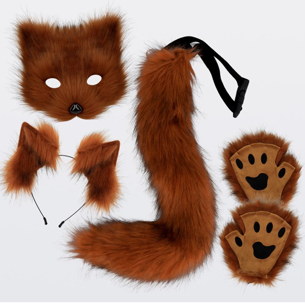 Wolf Foxes Costume with Plush Animal Face Mask, Headband, Plush Glove Animal Tail Costume for Children Adult Halloween