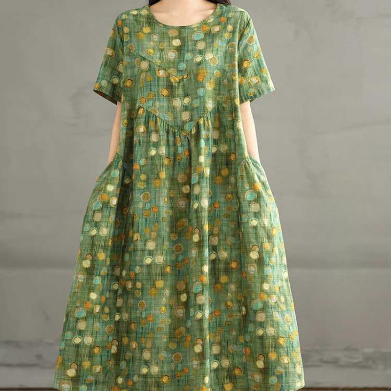 Summer Retro Cotton and Linen Round Neck Short Sleeved Dress, Women's Loose Skirt