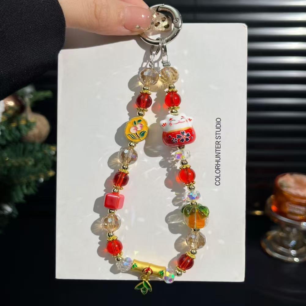 New Lucky Cat Persimmon Mobile Phone Lanyard: Chinese Style Glazed Crystal Charm for Phones, Bags, and Keyrings