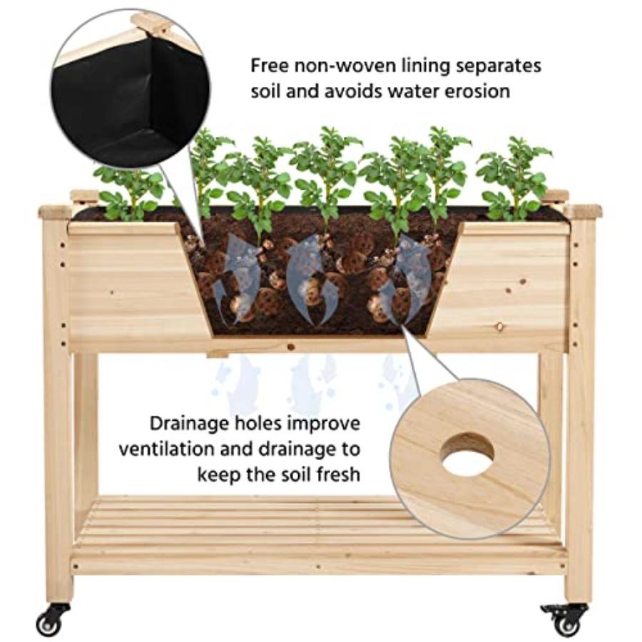 42x23x33in Wooden Raised Garden Bed with Wheels for Growing Herbs and Vegetables Elevated Flower Planter Box in Natural Wood Fi