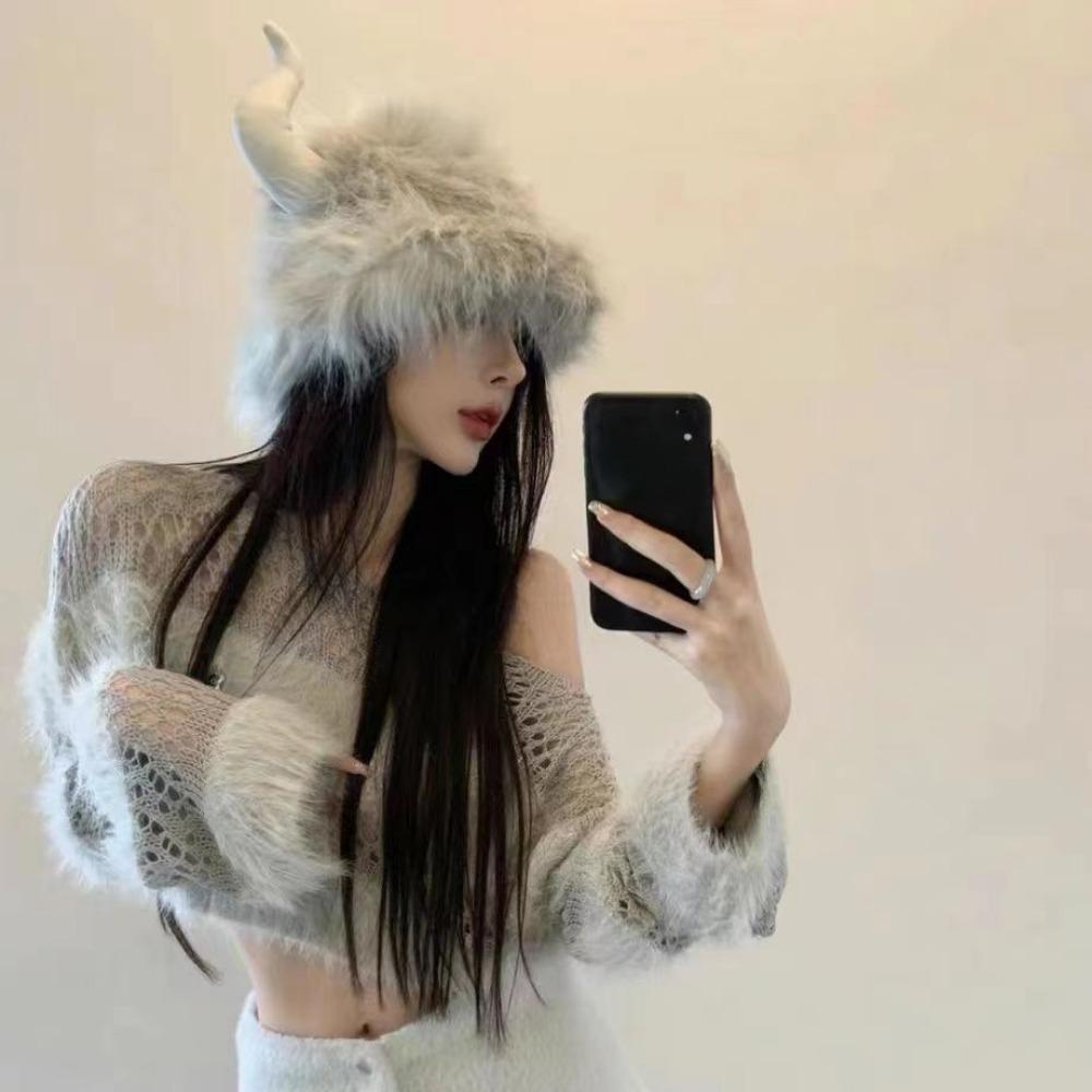Big Black Fluffy Women's Hat Men's and Women's Winter Horn Ears Windproof and Cold Cycling Cute Cow Head Warm Plush Hat