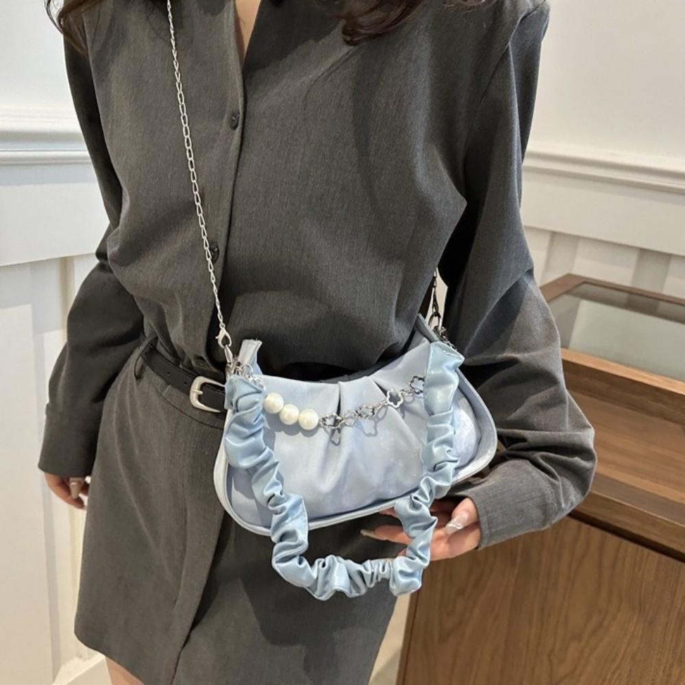 Korean Style Cloud Shoulder Bag PU Leather Pleated Handbag Casual Pearl Chain Crossbody Bag Travel