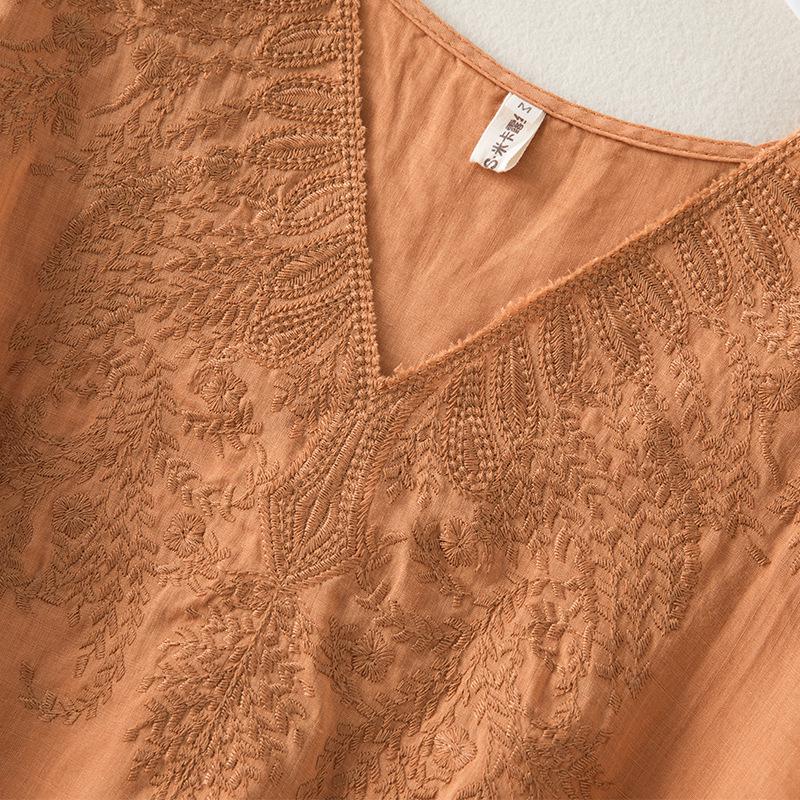Damen Sommer Ramie V-Ausschnitt Besticktes Oberteil - Lockerer Schnitt, Uni-Farben
