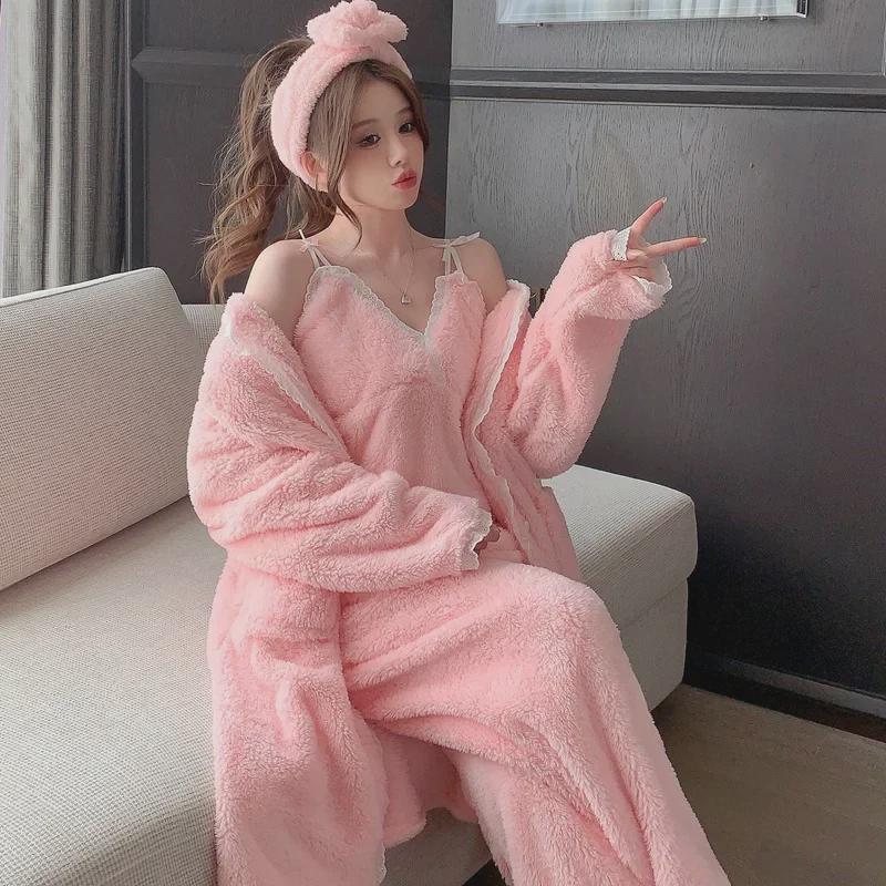 Suspender Trousers & Outer Robe Set with Chest Pad + 3D Hairband - Autumn/Winter Sexy Pajamas Coral Fleece 4-Piece Set.