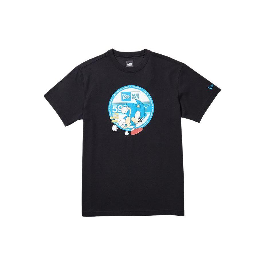New Era X Sonic The Hedgehog Cartoon Crew Neck T-Shirt Unisex Tops Black 13037720