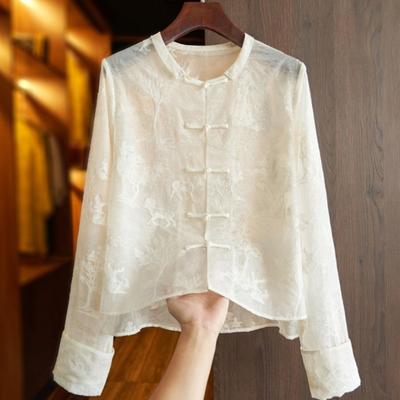 White Elegant New Chinese Style Embroidered Long Sleeve Shirt For Women
