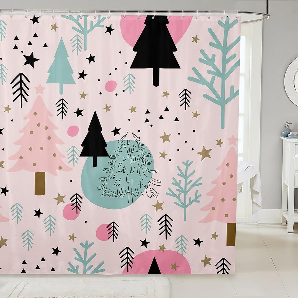 Christmas Cat Shower Curtain Cute Pet Cat Animal Bathroom Shower Curtain Sets, Xmas Decor Christmas Hat Fabric Shower Curtain