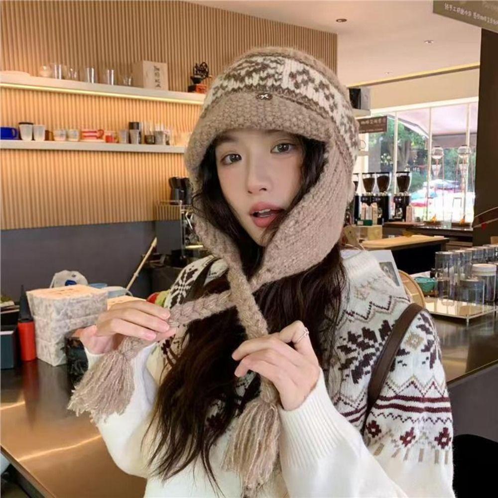 Tassel Jacquard Knitted Hat Korean Style Beanies Hat Casual Ear Cap Outdoor
