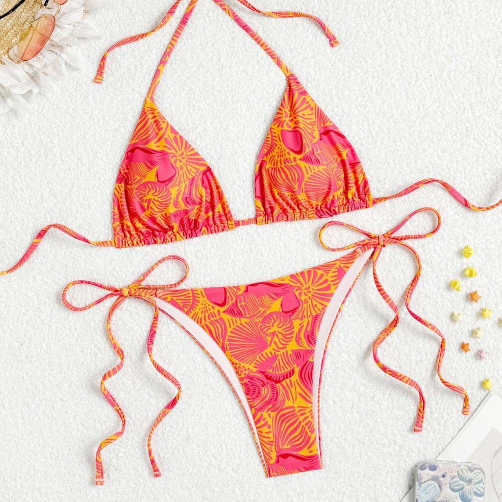 European and American Women's Sexy Slimming Backless Bandage Print Triangle Bikini Swimsuit