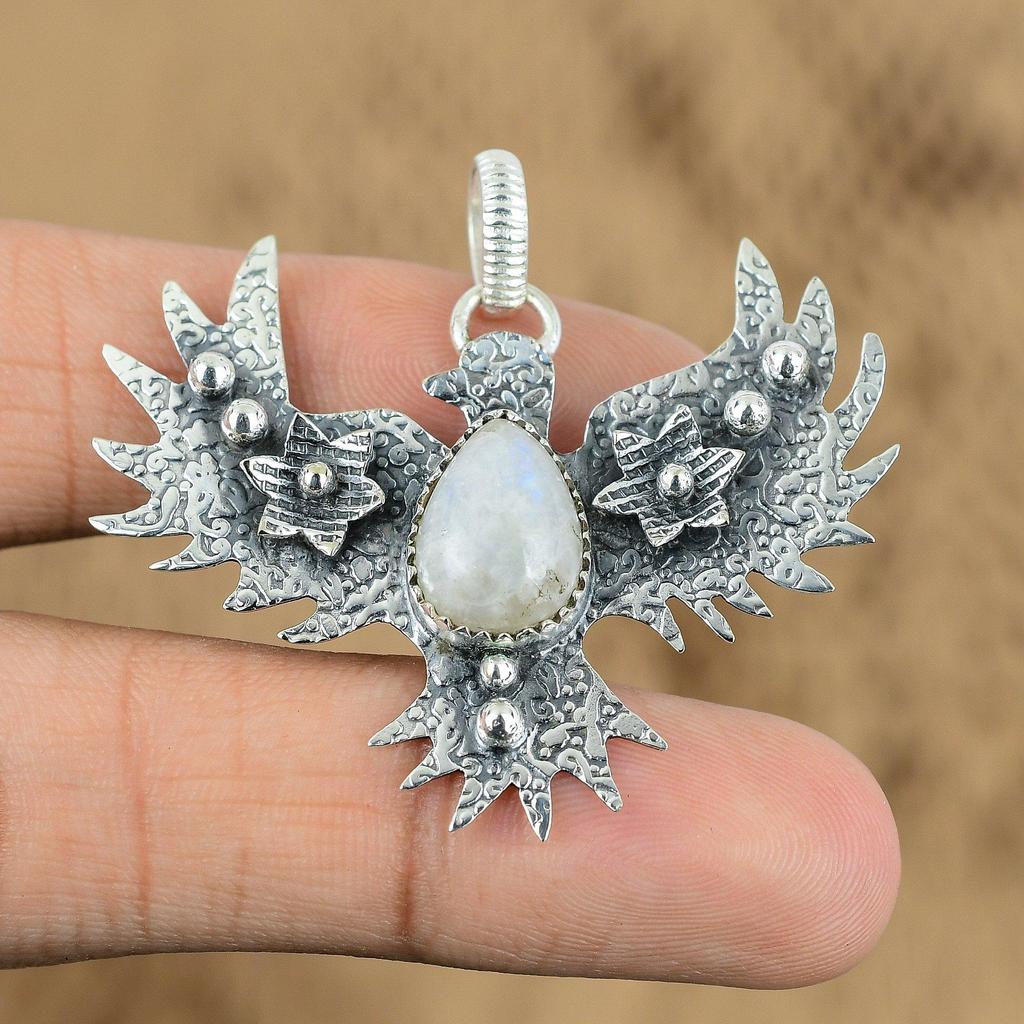 Memorial Day Sale Sterling Silver Pear Rainbow Moonstone Gemstone Eagle Pendant