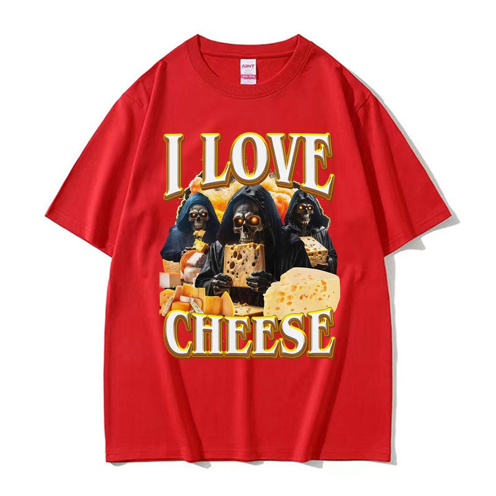 Funny Vintage Skeleton I Love Cheese Meme T Shirts Gothic Graphic T-shirts Men's Women Summer Crewneck Cotton T-shirt Streetwear