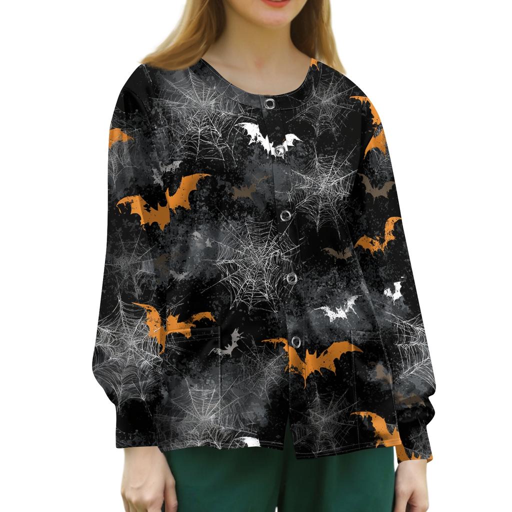 Women's Casual Long Sleeve Button Down Halloween Print Top for Costume Wear
