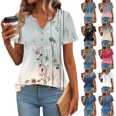 Women's Short Sleeve Tops Summer V-Neck T Shirts Casual Pleated Blouse Loose Print Basic Tee