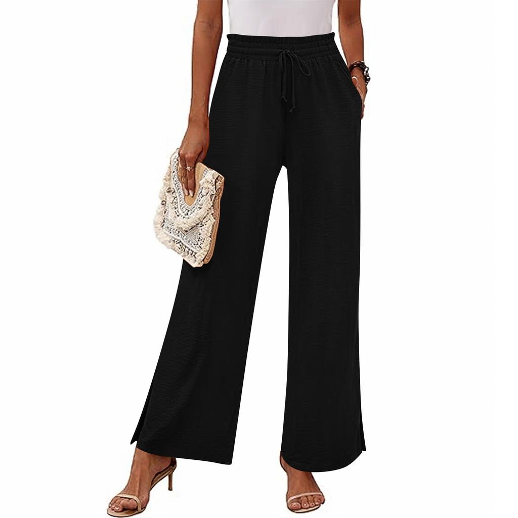 Women's Fashion Loose Wide Leg Pants Slits At The Cuffs Elastic Waist Drawstring Pockets Casual Pants