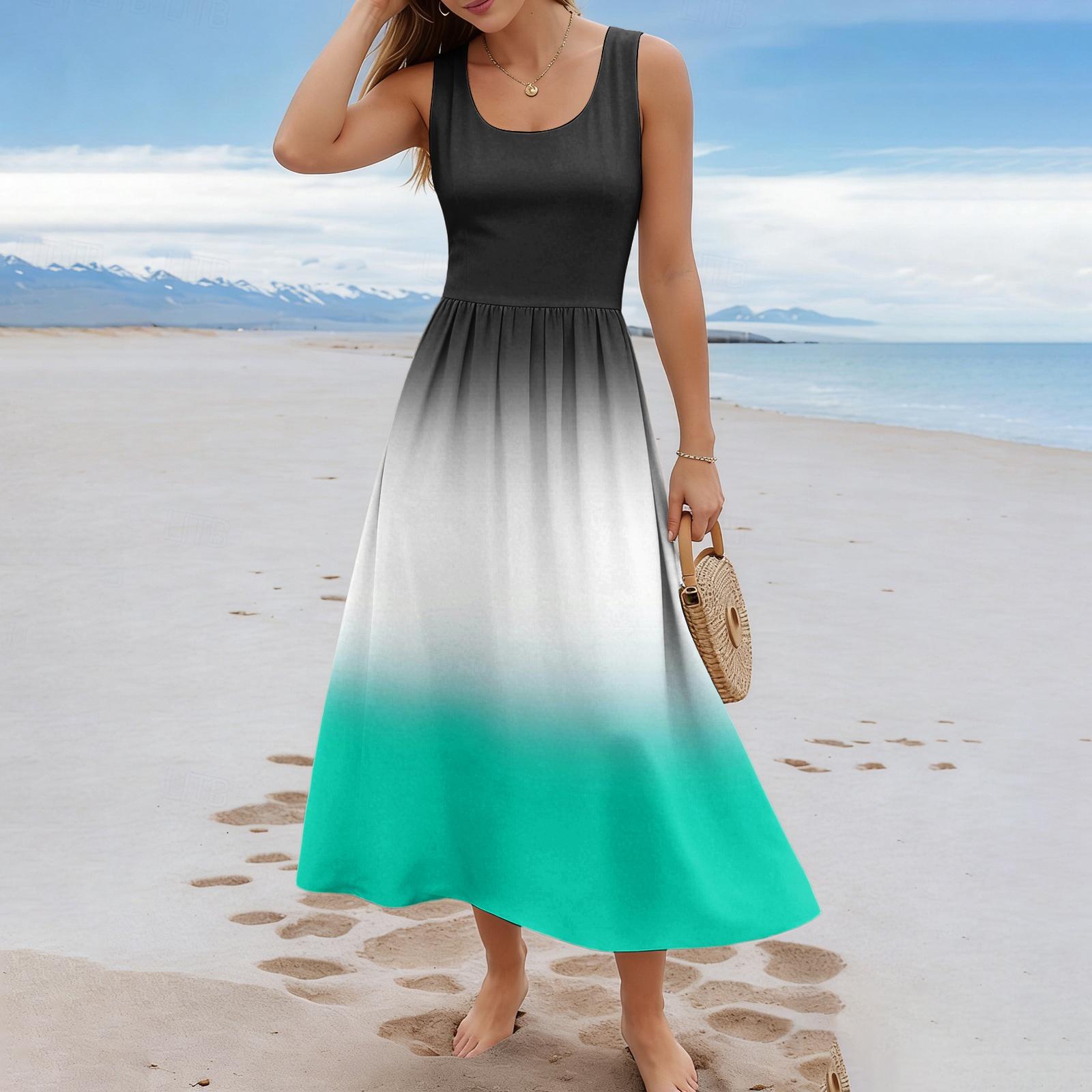 Ladies  gradient printed summer casual and fashionable sleeveless long dress L чёрный