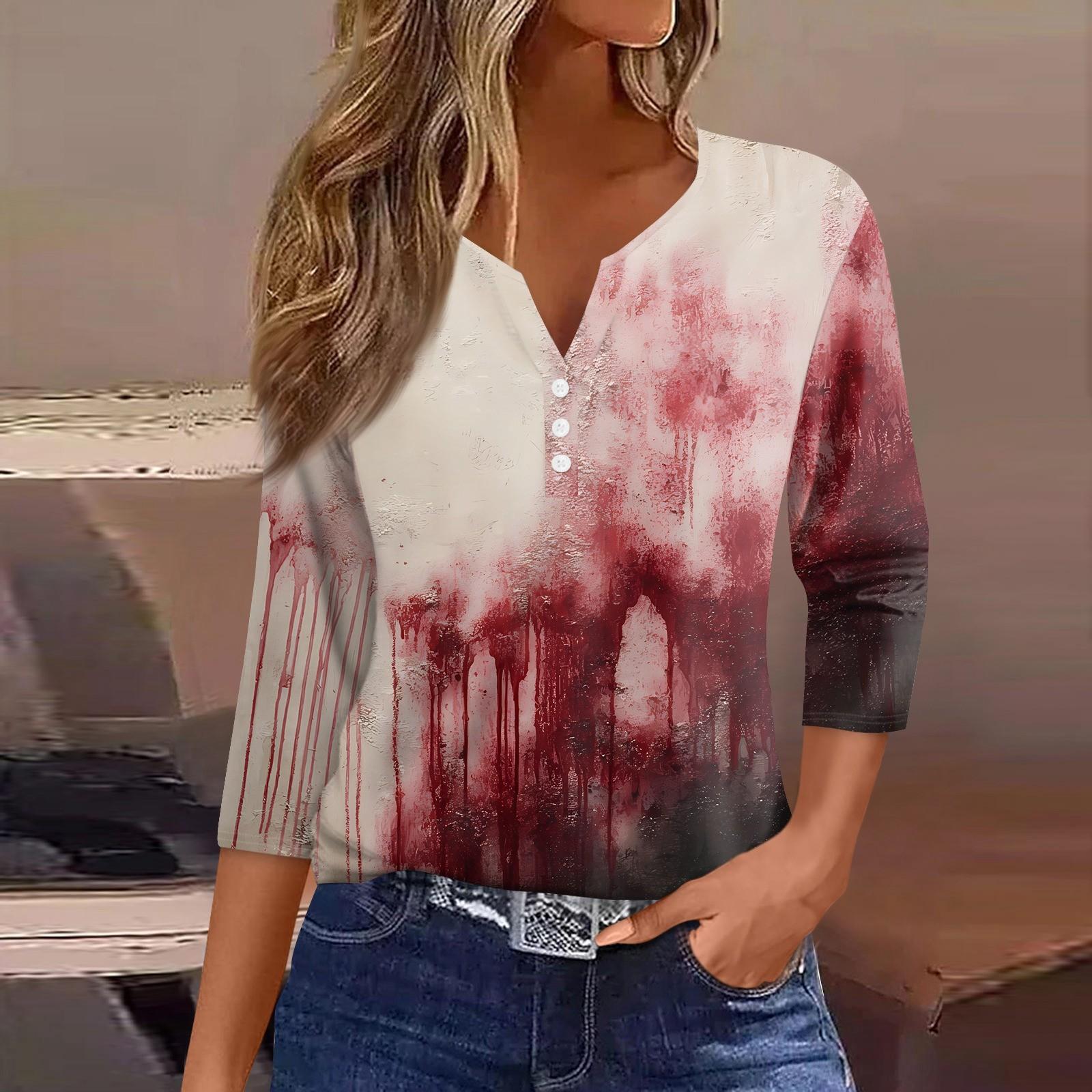 

Женская футболка с принтом на Хэллоуин, на пуговицах, рукав 3/4, повседневная мода на выходные, базовый топ с V-образным вырезом XXL