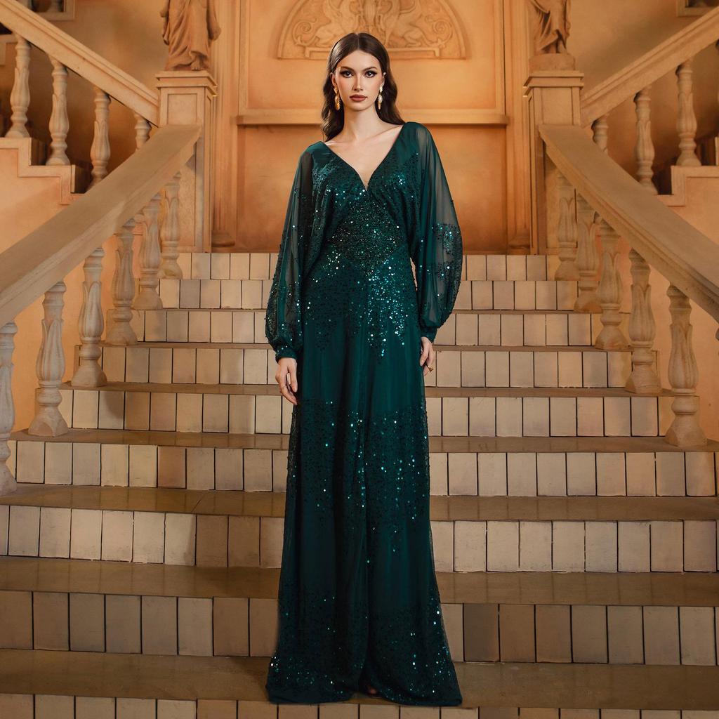 Sizzling European & American Chiffon V-Neck Sequin Evening Gown with Slit & Waist-Cinching Long Sleeves