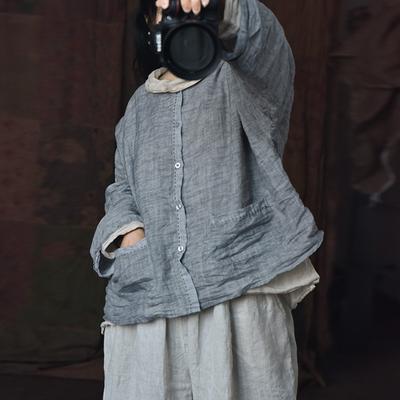 Women's Loose Casual Linen Short Jacket Retro Pleated Linen Shirt