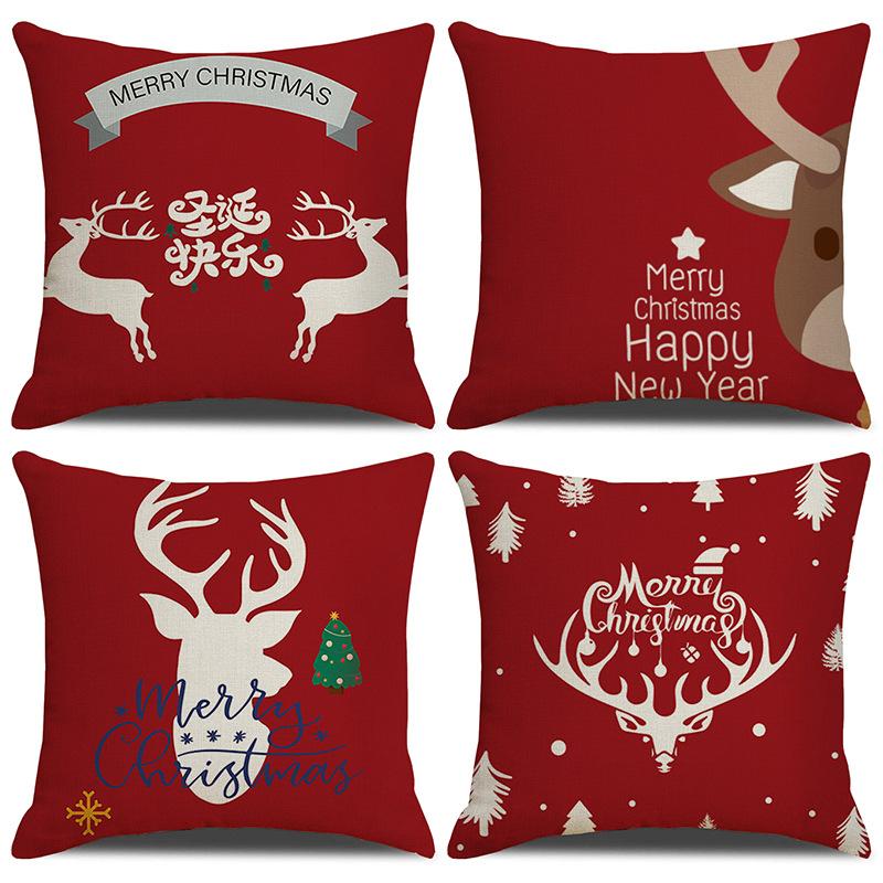 Christmas Pillow Cartoon Red Print Elk Snowflake Sofa Bedroom Linen Cushion Cover