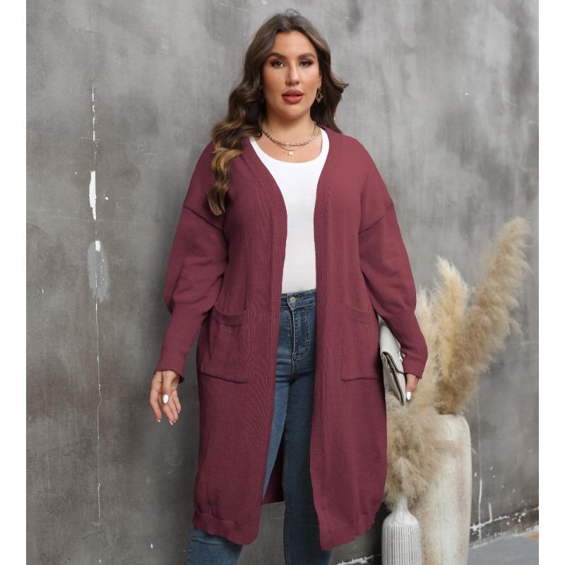 Damen Übergröße Locker Mittellang Laternenärmel V-Ausschnitt Doppeltasche Strick Cardigan Pullover