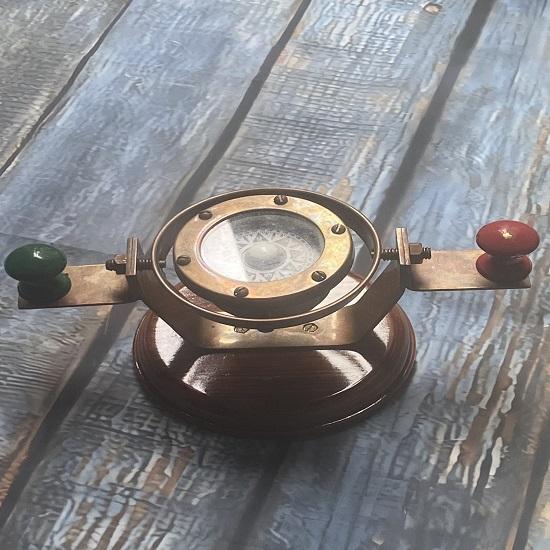Nautical Compass Gimbled Antique Finish With Wood Low Grade Table Top