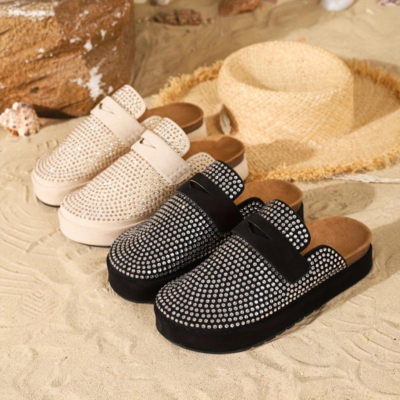 Women's Rhinestone-Embellished Slip-On Mule Sandals - 4cm Thick Cushioned Beach Slippers with Sparkling Rhinestone Strap, Round Toe & Soft Rubber Sole