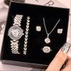 Luxury Diamond Jewelry&Watch Set For Women, Glittering Quartz Watch Bracelet Set, Crystal Necklace Earrings Ring Jewelry Festival Gifts