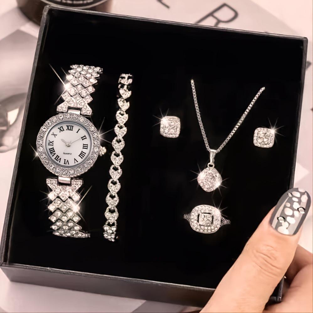 Luxury Diamond Jewelry&Watch Set For Women, Glittering Quartz Watch Bracelet Set, Crystal Necklace Earrings Ring Jewelry Festival Gifts