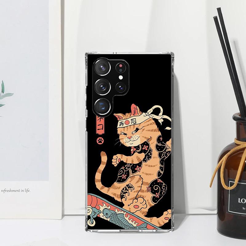 Ramen Sushi Samurai Tattoo Cat Phone Case For Samsung Galaxy S26 S25 Edge S24 FE S23 S22 Ultra S21 Plus S20 + Art Fundas Back Co