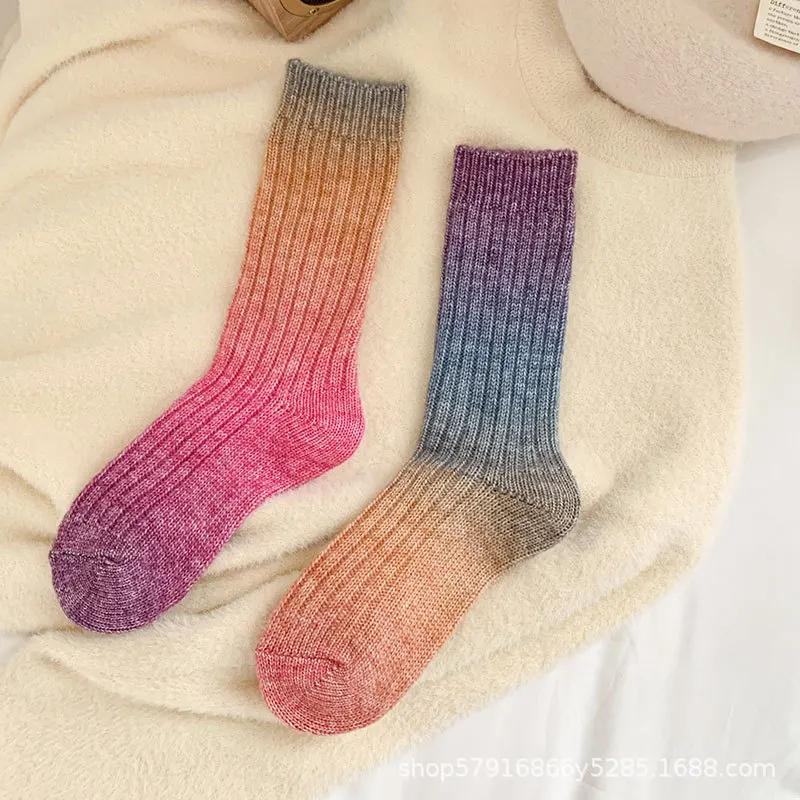 Gradient Colour Wool Socks Autumn and Winter Thickened Mid-calf Socks Warm Rainbow Coloured Stacked Socks Warm Floor Socks