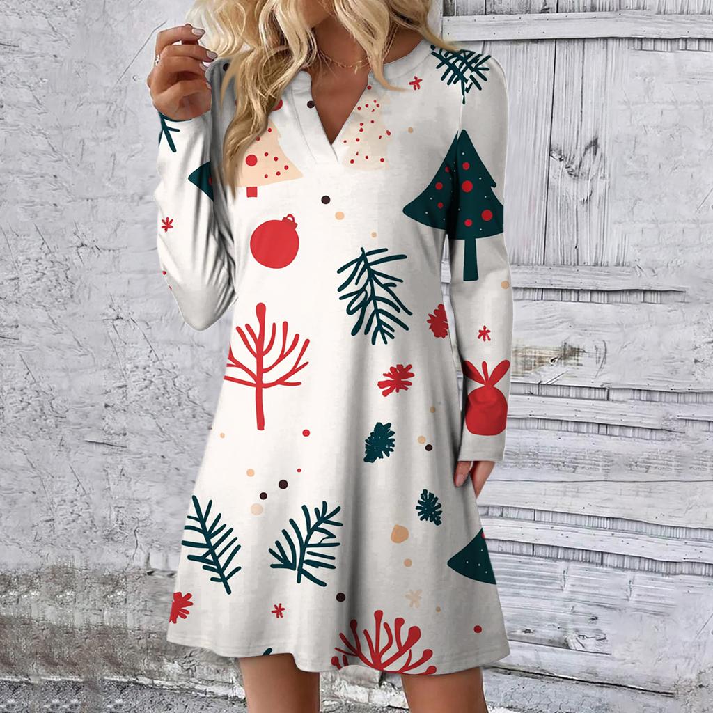 Women's Christmas Printed Dress Loose V-neck Casual Long Sleeved Dress
