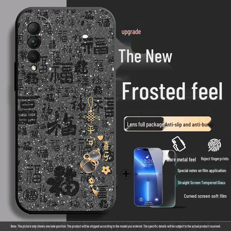 Black Cartoon Chinese Style Silicone Honor X20se Phone Case with Tempered Glass Protector