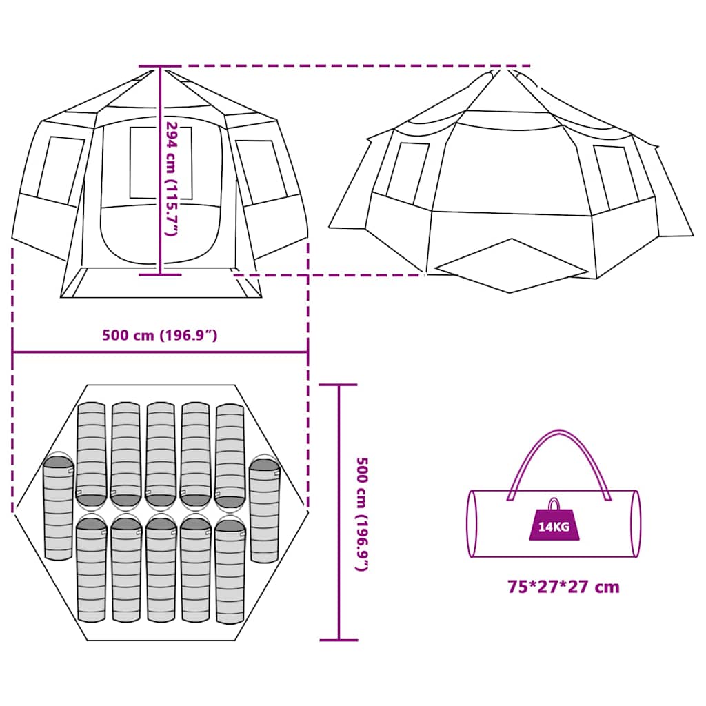 Cabin Tent 12 Person Green and Grey 500 x 500 x 294 cm