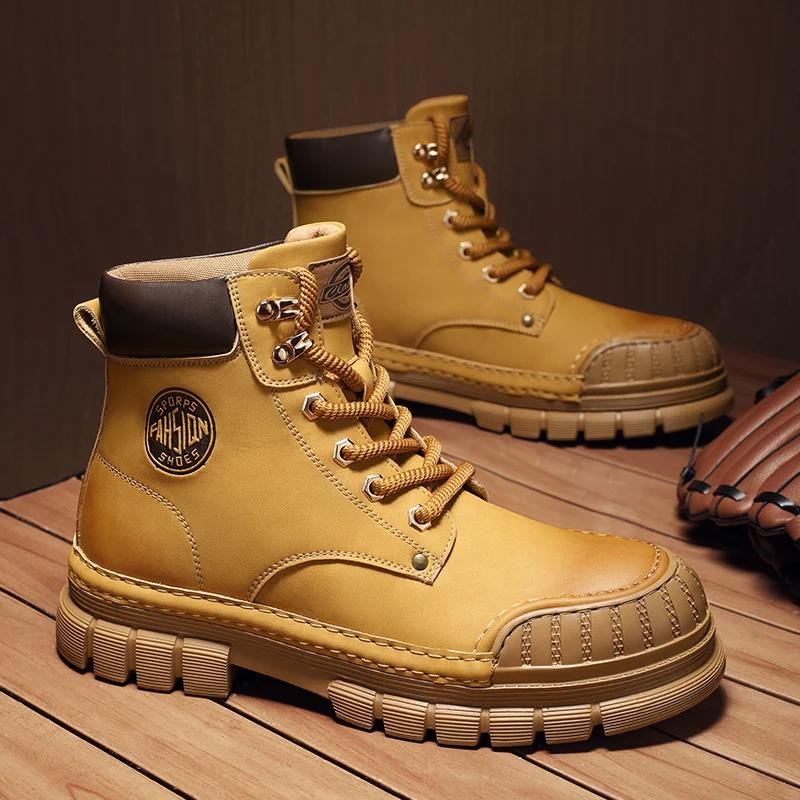 Fashion Italian Handsome Motorcycle Boots Thick Soled Wear-resistant Men's Workwear Boots Trendy Men's Genuine Leather Short Boots